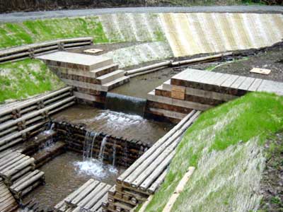 画像 : 木製ダム工 台形型木製ダム工