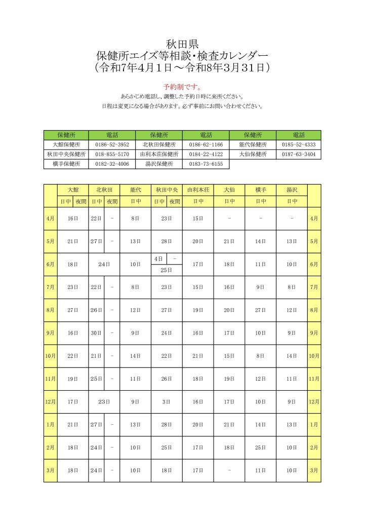 保健所エイズ等相談・検査カレンダー