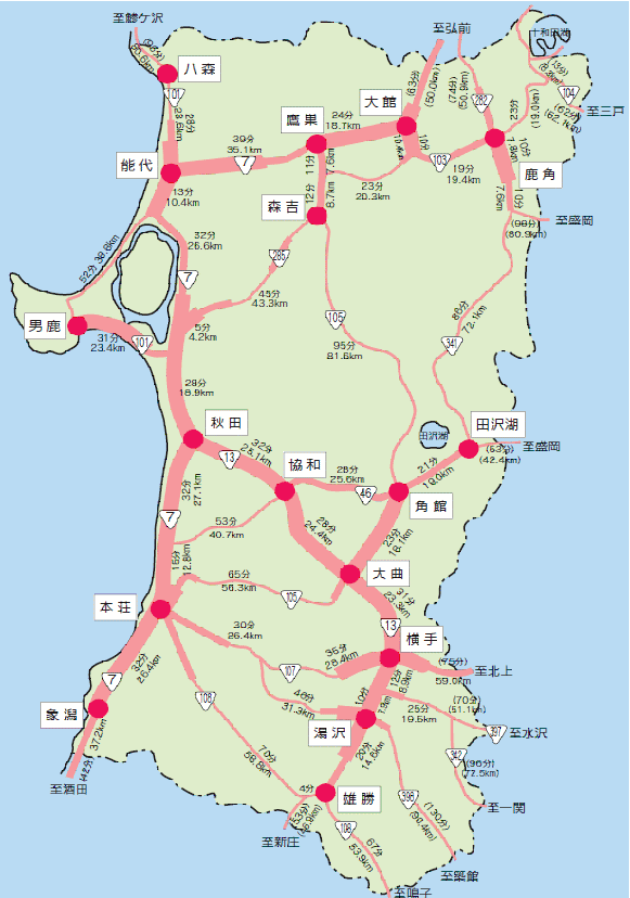 図：県内国道について交通量を太さで表示しています。