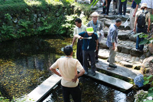 画像：湧水を味わう参加者