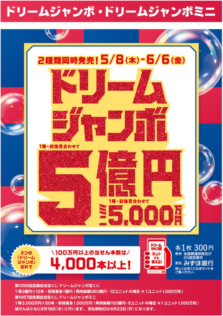ドリームジャンボ・ドリームジャンボミニ　
第1056回全国自治宝くじ　ドリームジャンボ宝くじ 1等・前後賞合わせて5億円、1等3億円が12本、前後賞各1億円、 発売総額360億円、12ユニットの場合、1ユニット1000万枚。 
第1057回全国自治宝くじ　ドリームジャンボミニ 1等3000万円が50本、前後賞各1000万円、 発売総額150億円、5ユニットの場合、1ユニット1000万枚。 
発売期間は5月8日木曜日から6月6日金曜日まで。 抽せん日はともに6月18日水曜日、各1枚300円。
