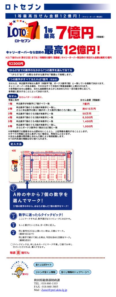 ロトセブン キャリーオーバーなら1等最高12億円 理論値なら1等最高7億円 1から37までの数字のなかから7つの数字を選んで当てる 1口300円 毎週金曜抽せん
