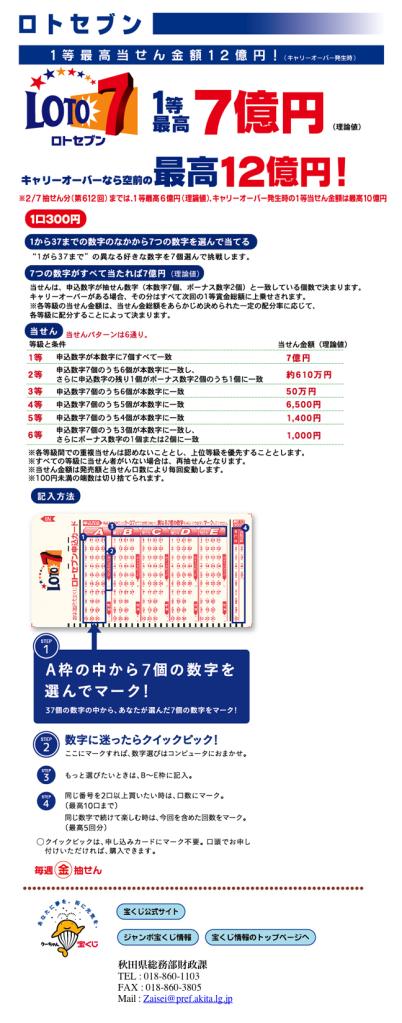 ロトセブン キャリーオーバーなら1等最高10億円 理論値なら1等最高6億円 1から37までの数字のなかから7つの数字を選んで当てる 1口300円 毎週金曜抽せん