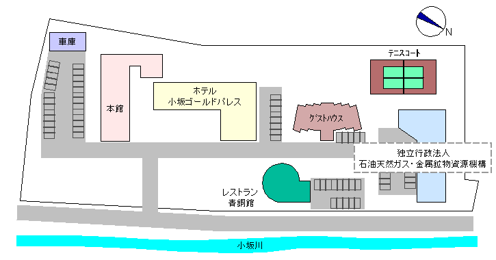 図：センター、本館・宿泊棟・レストラン配置図