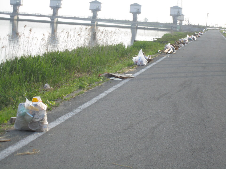 写真：防潮水門付近のゴミ回収状況