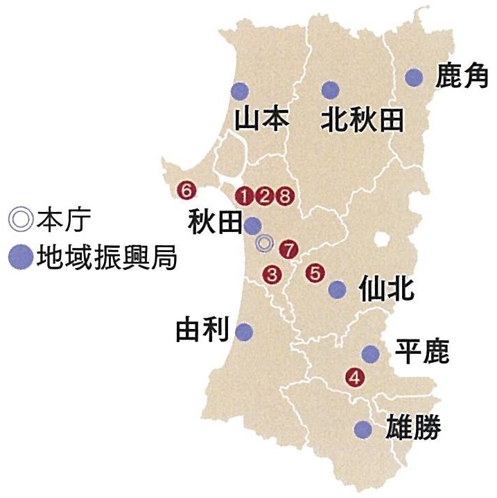 図：各地域振興局と主要な試験研究機関の県内の位置