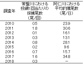 表１　常盤川での採捕尾数と阿仁川での釣獲尾数