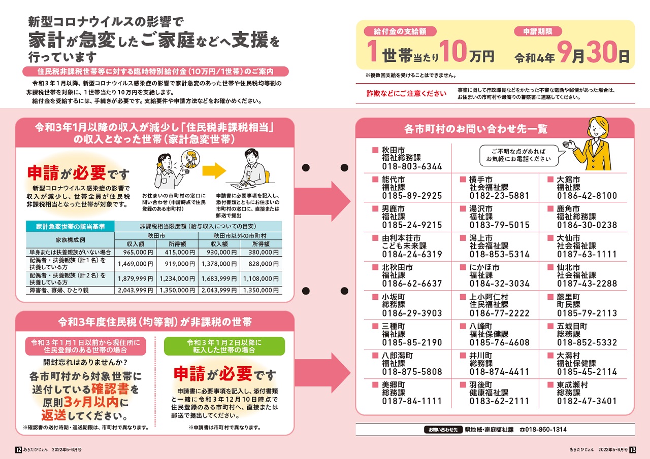 画像：広報紙あきたびじょん2022年5･6月号　特集　新型コロナウイルスの影響で家計が急変したご家庭などへ支援を行っています