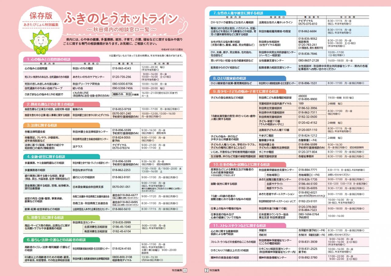 画像：広報紙あきたびじょん2022年11･12月号　あきたびじょん特別編集　ふきのとうホットライン　1・2ページ