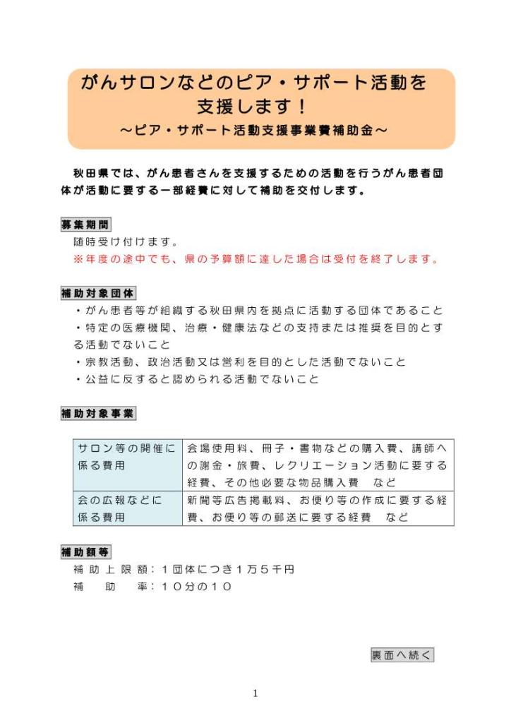 ピア・サポート活動支援事業費補助金チラシ表面