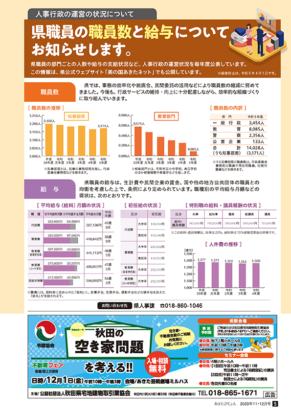 画像：広報紙あきたびじょん_202311-12_p5_県職員の職員数と給与についてお知らせします。