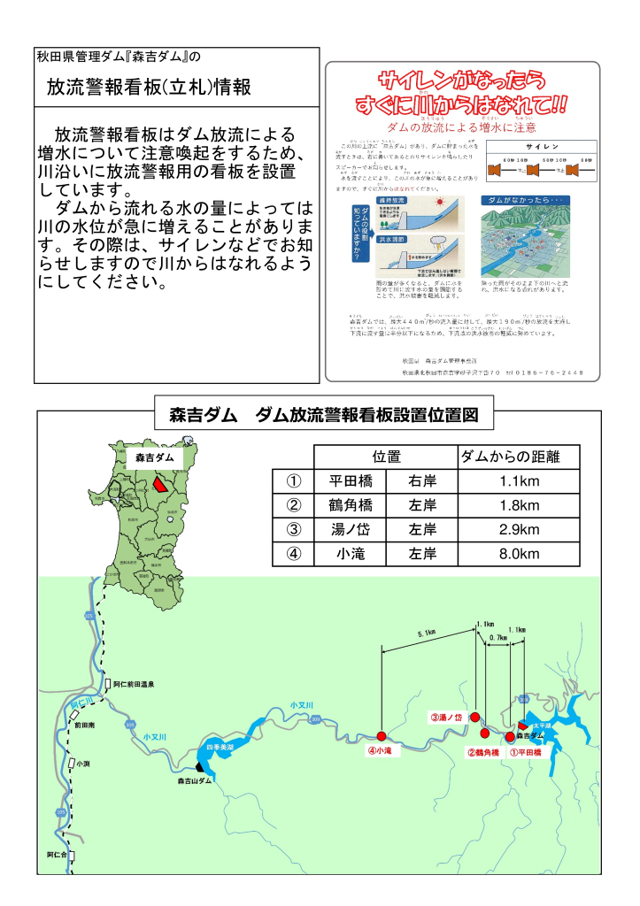 森吉ダムの放流警報看板の位置図