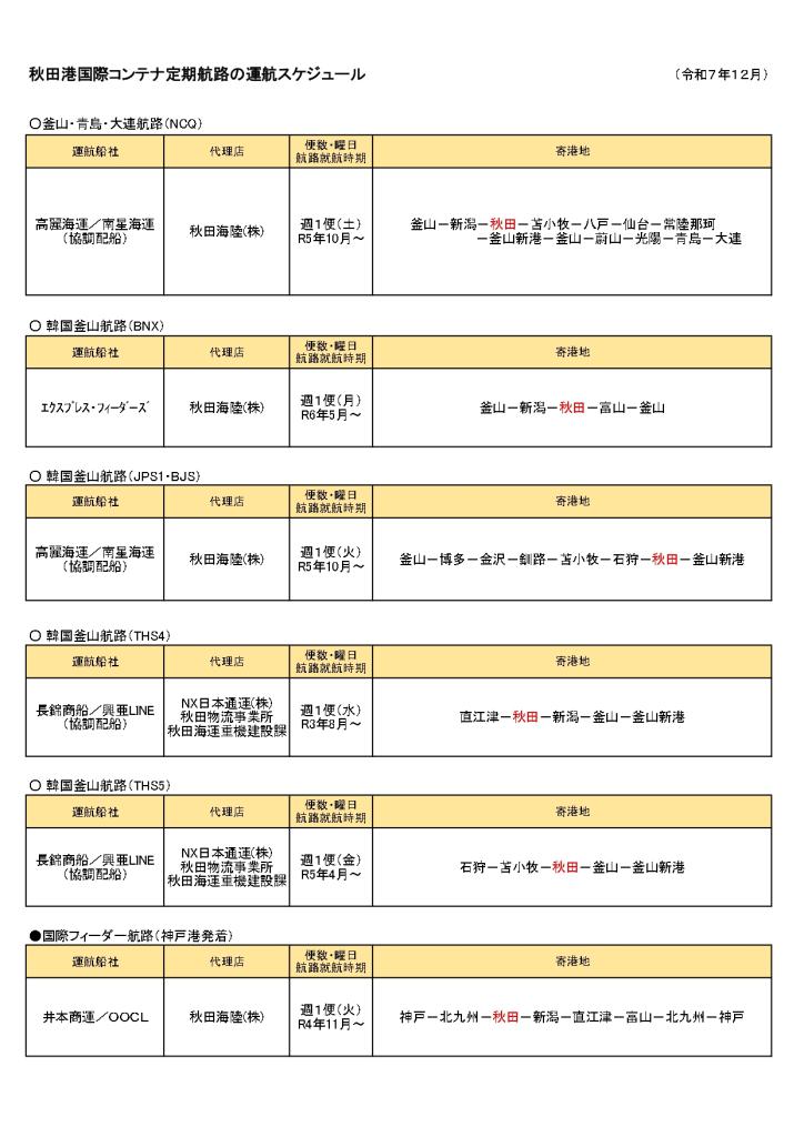 秋田港国際コンテナ定期航路運航スケジュール