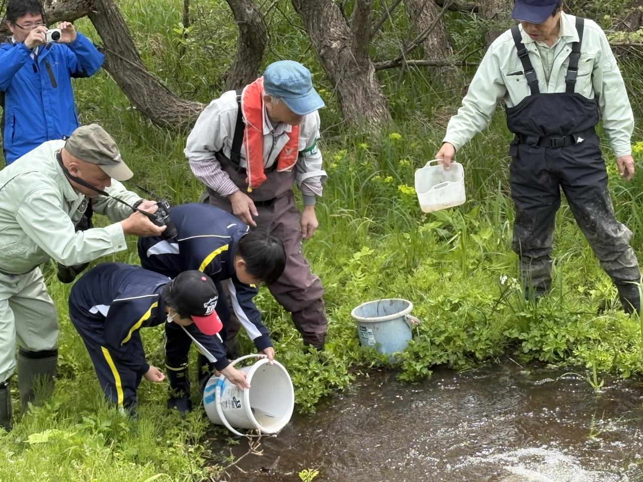 捕獲した生き物を放流する様子