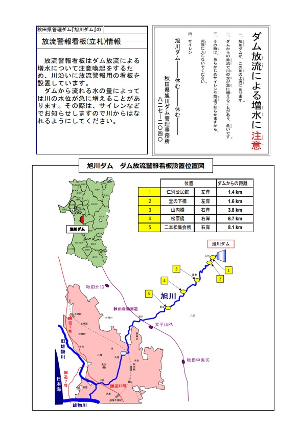 旭川ダム放流警報看板位置図