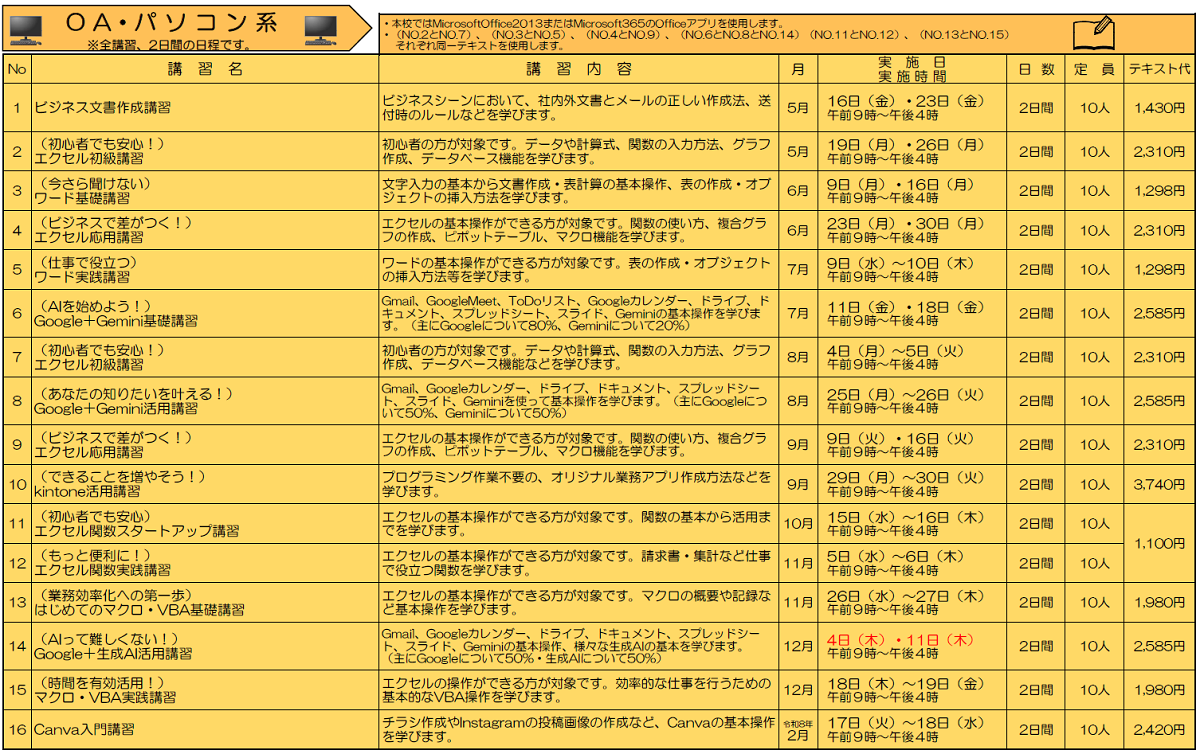 在職者訓練のご案内