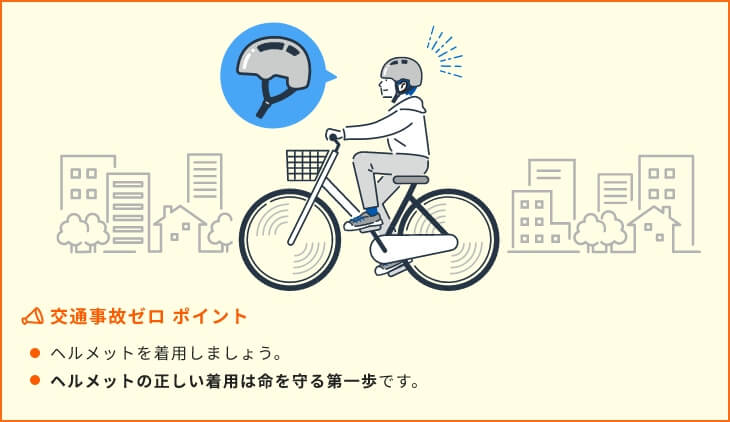 交通事故ゼロ ポイント ヘルメットを着用しましょう。ヘルメットの正しい着用は命を守る第一歩です。