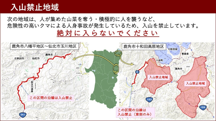 入山禁止地域 次の地域は、人が集めた山菜を奪う・積極的に人を襲うなど、危険性の高いクマによる人身事故が発生しているため、入山を禁止しています。絶対に入らないでください 鹿角市八幡平地区〜仙北市玉川地区、鹿角市十和田高原地区