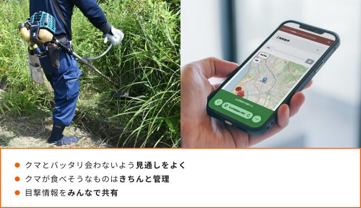 クマとバッタリ会わないよう見通しをよく、クマが食べそうなものはきちんと管理、目撃情報をみんなで共有