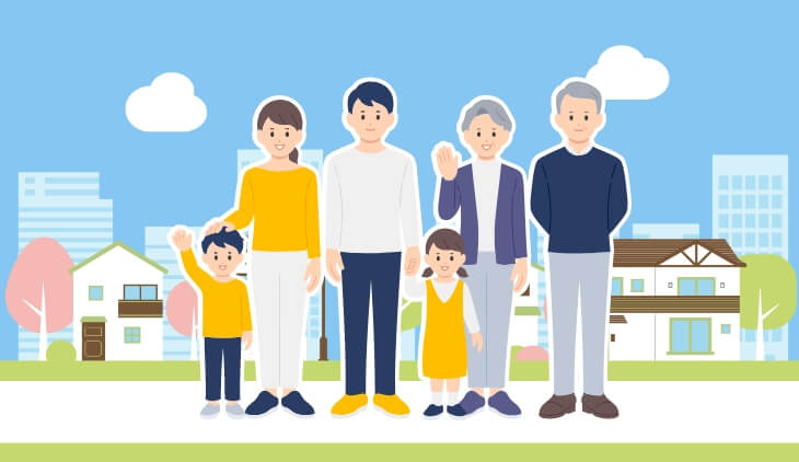 家族と街のイラスト