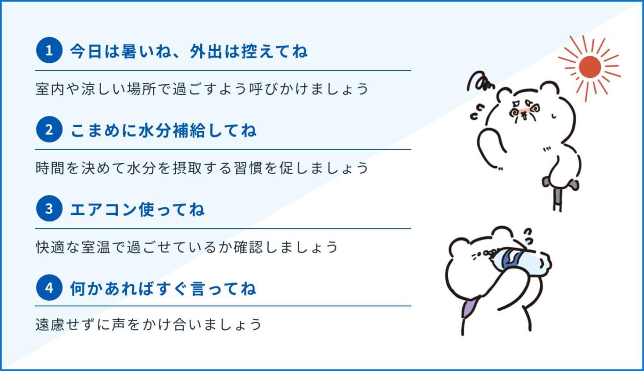 高齢者への声掛けの例。1 今日は暑いね、外出は控えてね 室内や涼しい場所で過ごすよう呼びかけましょう、2 こまめに水分補給してね 時間を決めて水分を摂取する習慣を促しましょう、3 エアコン使ってね 快適な室温で過ごせているか確認しましょう、4 何かあればすぐ言ってね 遠慮せずに声をかけ合いましょう
